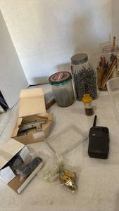lot 3443 image: Mixed Hardware Lot Nails Hinges Fasteners RadioShack Transceiver Pencils