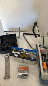 lot 3445 image: Hand Tool Lot with Safety Goggles, wood screws and more