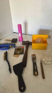 lot 3449 image: Hand Tools Lot Hammer Flashlight Wire Brushes and more