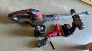 lot 3570 image: Hyper tough blowerand screw driver , No batteries,  Drill master drill, no charger and Black and Decker misc battery and charger