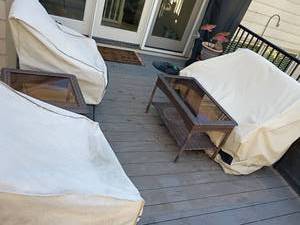 lot 4126 image: Outdoor Patio Furniture.   2 Chairs, Bench and 2 Tables.  Chairs have covers.  Tables are 20 x 35 x 20 and 22 x 20 x 20. Some rust, see pictures