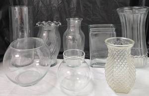 lot 1003 image: Glass Vases Bowls Jars Lot 8 Pieces Mixed Styles - Retail $0