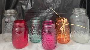 lot 1005 image: Colored Glass Jars Count Red Green Pink Orange. Mason and Ball Clear - Retail $0