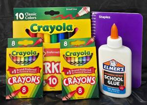 lot 1015 image: Crayola School Supplies Lot Crayons Markers Glue Notebook - Retail $0