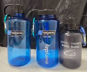 lot 1061 image: Nalgene Tritan Narrow and Wide Mouth Water Bottles - 32 oz. - Blue includes 3 carabiners - Retail $0