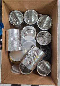 lot 1122 image: Lot of Metal Food Cans, some Plastic Lids.  Great garage  storage  - Retail $0