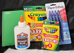 lot 1136 image: School Supply Lot Crayola Markers Crayons Elmers Glue Paper Mate Pens Staples Notebook - Retail $0