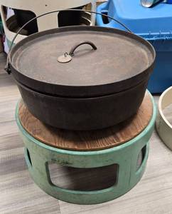 lot 1162 image: (1) 16 in Cast Iron Dutch Oven with Lid and (1) Stacking Storage. Last Picture depicts how stackers work if you buy more than one. - Retail $0