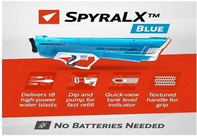 lot 64683 image: SPYRA SpyraLX Battery-Free PressureTech Water Blaster, 30 Ft Range, Blue18 Single Bursts per Fill, Manual Pump Refill, Tank Indicator, Dip and Pump to Reload, ABS Build - Retail $72