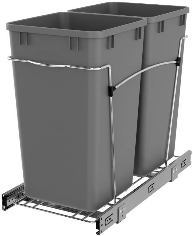 lot 64689 image: Rev-A-Shelf Double Pullout Garbage Trash Cans for Kitchen Cabinets, 27 Qt - Retail $98