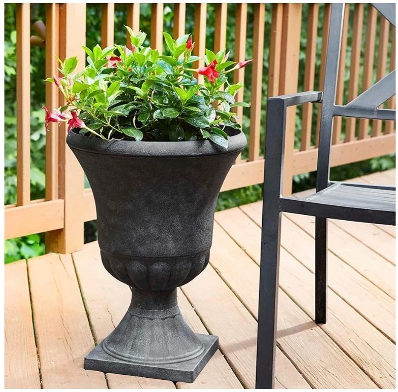 lot 64697 image: Winston Urn Planter with Removable Base, Matte Black, 21 in, Pedestal Shape with Wide Bowl, BASE CRACKED. - Retail $39