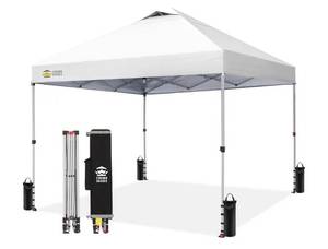 lot 18796 image: CROWN SHADES 10x10 Pop Up Canopy Tent with One Push Setup, Grid White - Retail $150