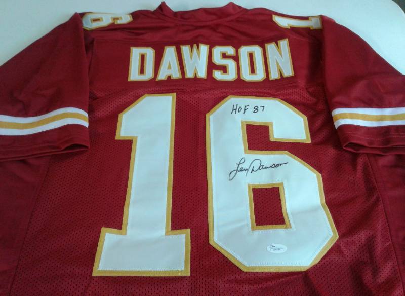 lot 1005 image: Signed Len Dawson Kansas City Chiefs #16 Custom Jersey With HOF 87 Inscription and James Spence Authentication