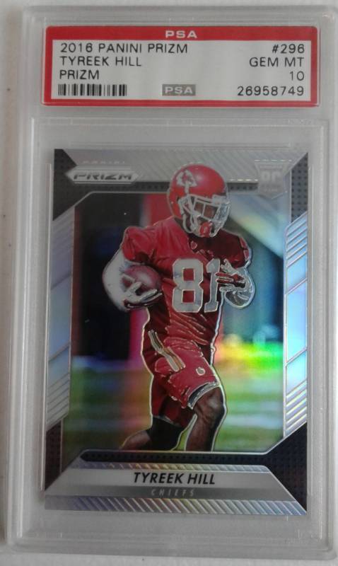 lot 1018 image: Gem Mint PSA 10 2016 Panini Prizm Tyreek Hill Silver Prizm Rookie Card Kansas City Chiefs Professionally Graded