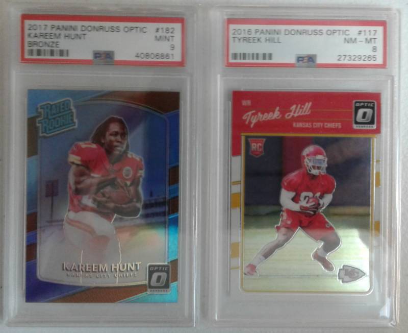 lot 1019 image: Two Professionally Graded PSA Kansas City Chiefs Rookie Cards Tyreek Hill & Kareem Hunt Optics Rookies