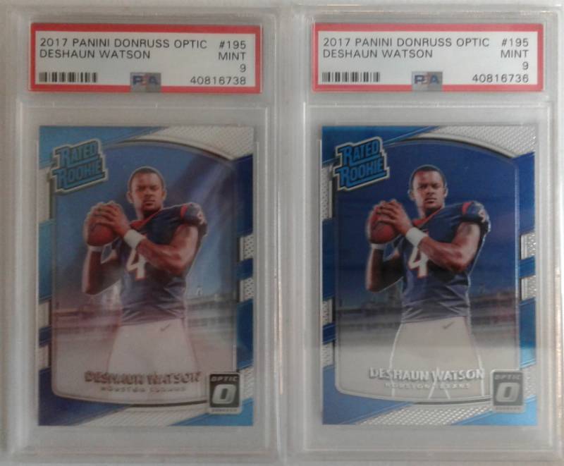 lot 1022 image: Two Professionally Graded MINT PSA 9 2016 Optic DeShaun Watson Rated Rookie Football Cards - Houston Texans - One Money