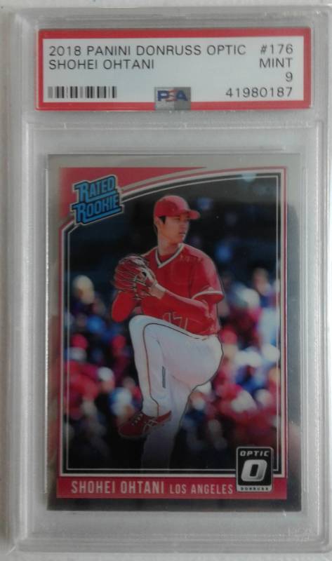 lot 1025 image: Mint PSA 9 Professionally Graded 2018 Donruss Optic Shohei Ohtani Rated Rookie Pitching Version 2018 Rookie of the Year