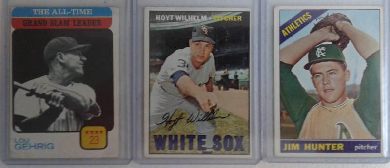 lot 1038 image: Lot of Three Vintage Baseball Cards - 1966 Topps Jim Hunter - 1967 Topps Hoyt Wilhelm - 1973 Topps Lou Gehrig - Book Value Total $50.00