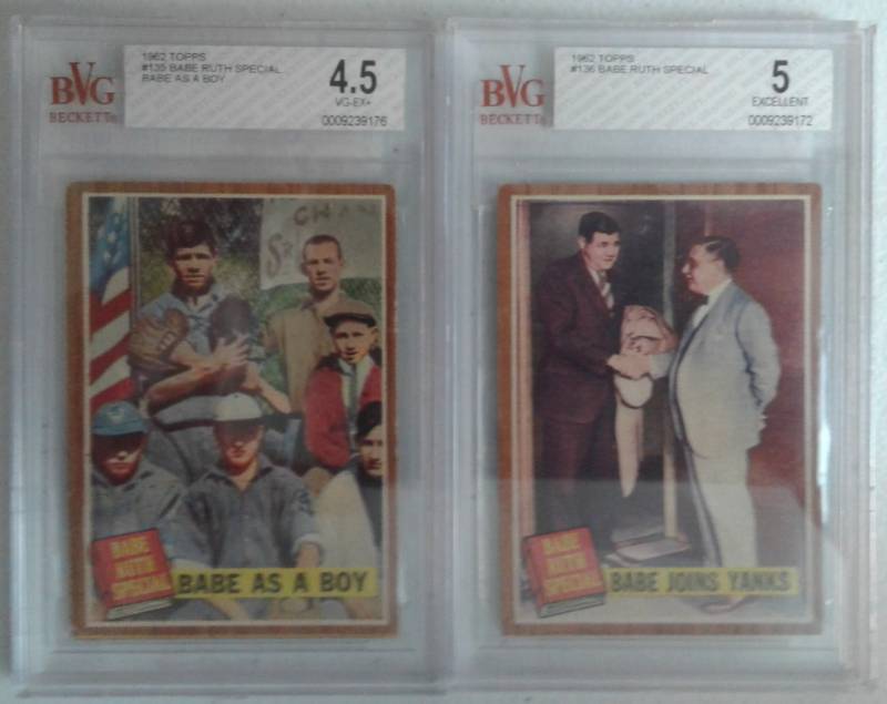 lot 1041 image: Two Professionally Graded Beckett Vintage Graded 1962 Topps Babe Ruth Baseball Cards BVG New York Yankees