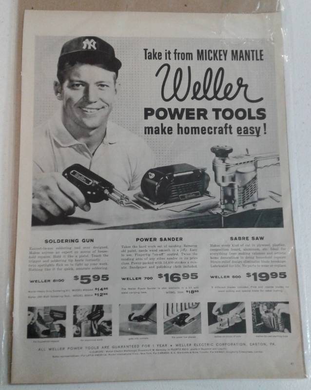 lot 1051 image: Vintage Mickey Mantle Advertising Page Weller Power Tools From Magazine 10x15 Inches