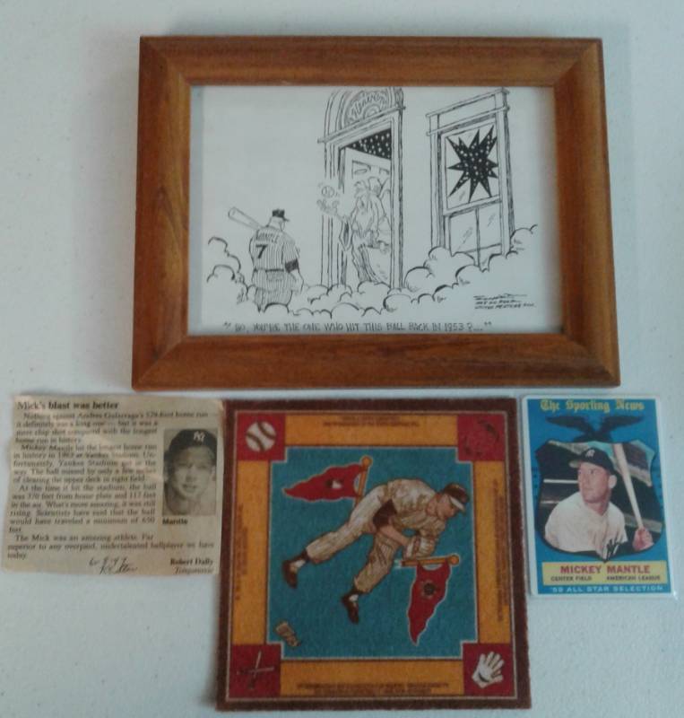 lot 1052 image: Mickey Mantle Collection of Various Items - Acrylic Baseball Card - Turkey Red Blanket 2006 - Drawing & Newspaper Clipping