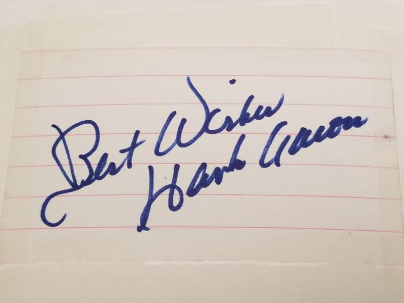 lot 1231 image: Hank Aaron Autographed 3x5 Card Kansas City Awards Banquet Program 1980 Braves HOF w COA