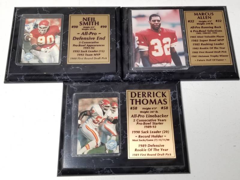 lot 1287 image: Kansas City Chiefs Football Plaques Lot of 3 w Derrick Thomas Marcus Allen & Neil Smith