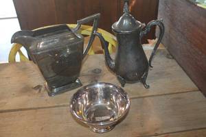 lot 5014 image: Vintage Silver Pitcher, Teapot damaged Legs & More