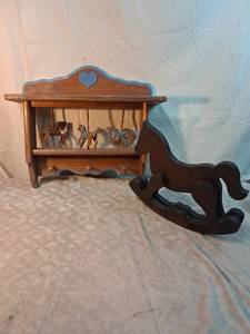 lot 8 image: Wooden Wall Shelf with Carved Horse Figurines and Rocking Horse