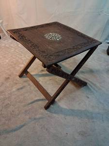 lot 9 image: Carved X-Frame Side Table with Inlaid Floral Top