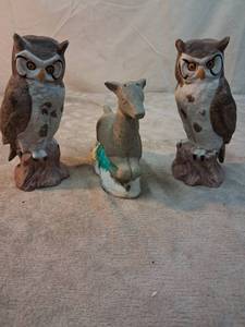 lot 31 image: Carved ceramic Owl and Fox Figurines Lot of 3