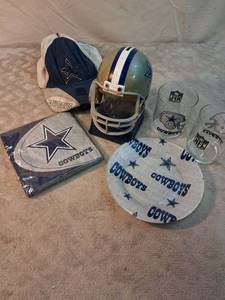 lot 32 image: Dallas Cowboys NFL Memorabilia Lot Football Helmet Coasters Caps Glasses