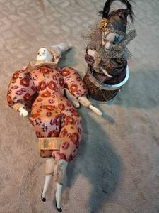 lot 38 image: Lot of 2 Decorative Dolls with Metal Cylindrical Container