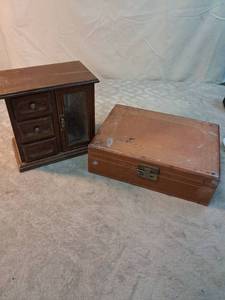 lot 63 image: 2-Piece Lot Wood Cabinet with Drawers and Glass Door, Wood Storage Trunk