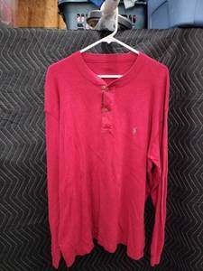 lot 9017 image: Red Long Sleeve Henley Shirt with Two-Button Placket and Small Embroidered Pony Logo