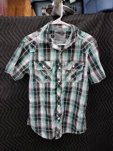 lot 9050 image: Machine Short Sleeve Plaid Button-Up Shirt Size S Black Teal White