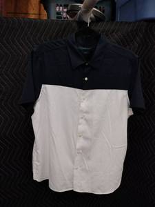 lot 9088 image: Perry Ellis Slim Fit Stretch Short Sleeve Button-Up Shirt Navy & White - L