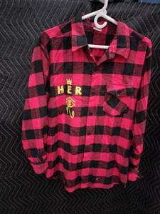 lot 9098 image: Highland Originals Red & Black Buffalo Plaid Flannel Button-Up Shirt