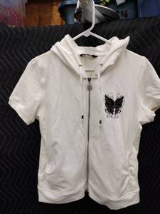 lot 9146 image: BCBG Max Azria Short Sleeve Zip-Up Hoodie Size XL White Butterfly Design