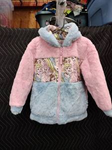 lot 9152 image: Girls Faux Fur Hooded Zip Jacket Pink and Light Blue with Princess Print Panel