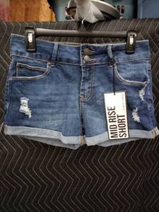 lot 9188 image: Almost Famous Mid Rise Short Womens Distressed Denim Shorts Size 9 Cuffed Hem