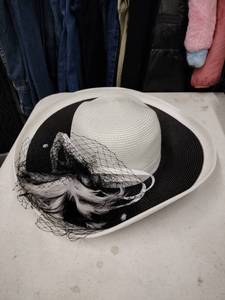 lot 9196 image: August Hat Company Black & White Wide Brim Hat w Feather & Veil Trim