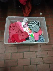 lot 9199 image: Assorted Girls Clothing Lot in Clear Plastic Tote - Pink, Red, Gray