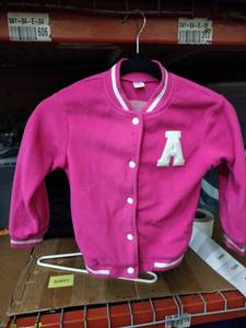 lot 536 image: SHEIN Girls Size 6Y Pink Fleece Varsity Jacket w Chenille Letter A
