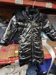 lot 547 image: Girls Size 4 Black Glossy Quilted Hooded Long Puffer Coat w Faux Fur Trim