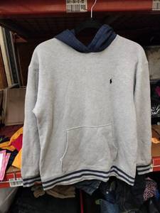 lot 554 image: Polo by Ralph Lauren Pullover Hoodie Size L Gray w Navy Hood & Striped Trim
