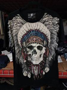 lot 570 image: Silk Skim Mens Black Short Sleeve T-Shirt w Rhinestone Skull Headdress Graphic Size XXL