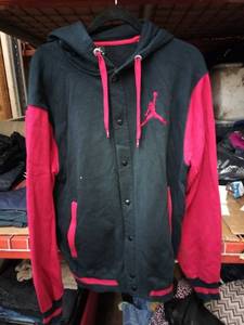 lot 578 image: Jordan Mens Black & Red Varsity-Style Hooded Snap-Front Jacket Size L