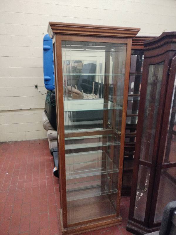 lot 25863 image: Wooden Glass Display Cabinet w 5 Adjustable Shelves