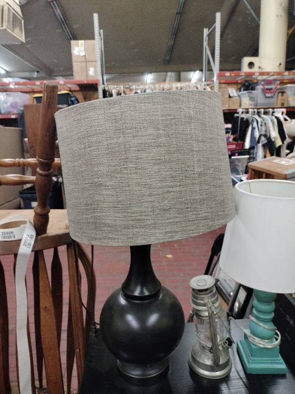 lot 25922 image: Black Ceramic Table Lamp w Gray Linen Drum Shade